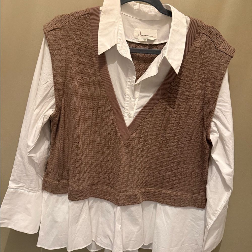 Anthropologie Beige Knit Vest with Cream Shirt